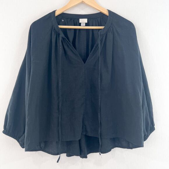 A New Day Women's Linen Split Neck Blouse Blouson Sleeve Medium Black - Picture 1 of 5